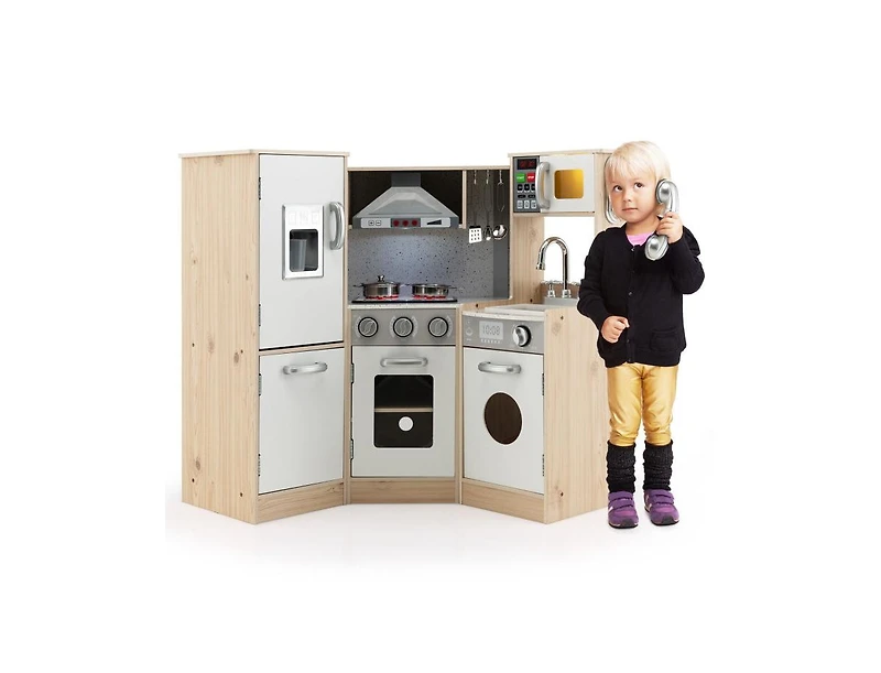Slickblue Kids Corner Wooden Kitchen Playset with Cookware Accessories