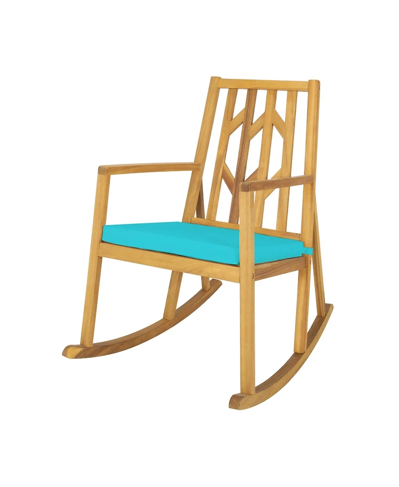 Gymax Outdoor Acacia Wood Rocking Chair Wooden Patio Rocker w/ Turquoise Cushion