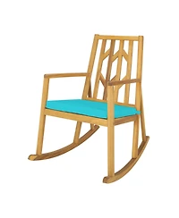 Gymax Outdoor Acacia Wood Rocking Chair Wooden Patio Rocker w/ Turquoise Cushion
