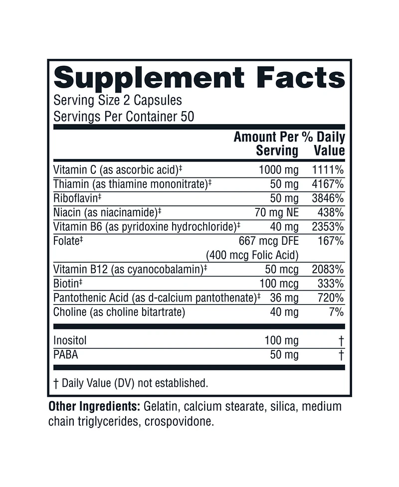 Twinlab Stress B-Complex Caps - Complete B-Complex & 1000 mg Vitamin C - Energy Support Supplement with Vitamin B12 and B6-100 Capsules (Pack of 2)