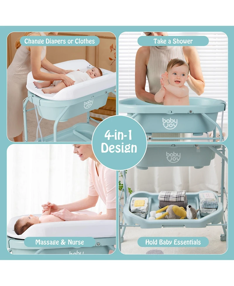 Costway Baby Changing Table with Bathtub, Folding & Portable Diaper Station Wheels
