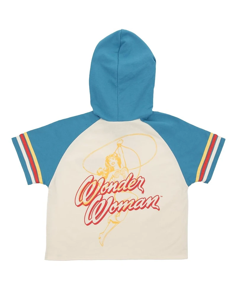 Heroes & Villains Women's Cream Wonder Woman Cropped Raglan Short Sleeve Pullover Hoodie