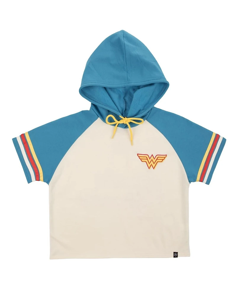 Heroes & Villains Women's Cream Wonder Woman Cropped Raglan Short Sleeve Pullover Hoodie