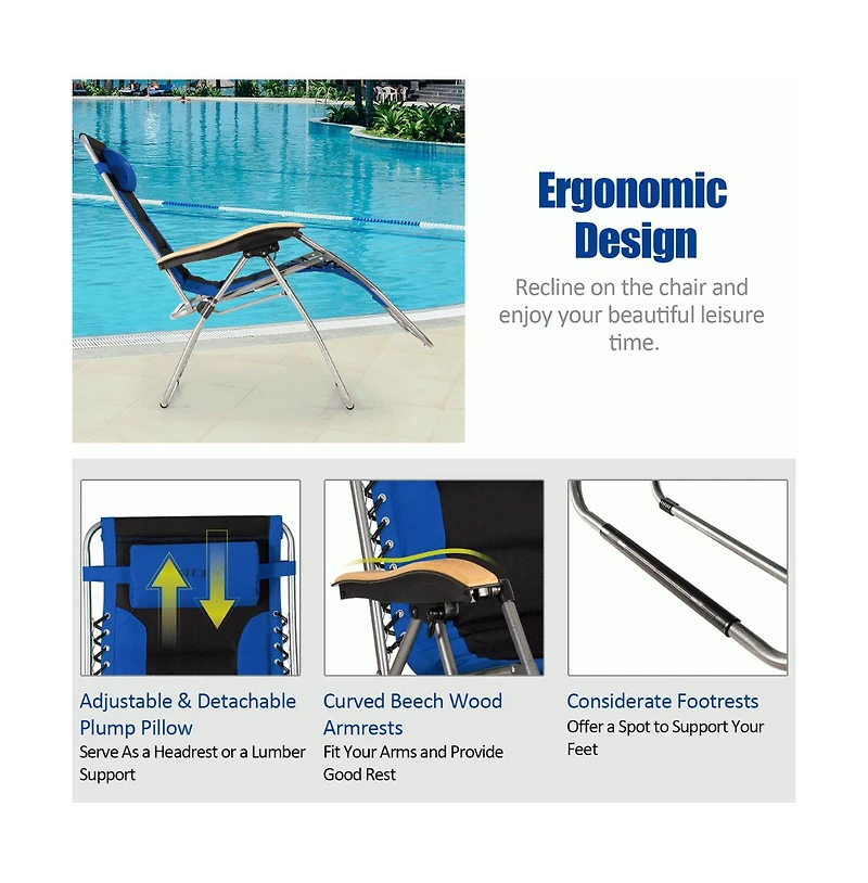Slickblue Oversize Folding Adjustable Padded Zero Gravity Lounge Chair