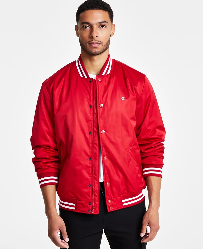 Champion Men's Classic Logo Striped-Trim Varsity Jacket
