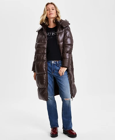 Guess Women's Shine Hooded Mid-Length Puffer Coat