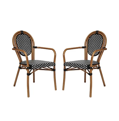 Merrick Lane Celia Set Of Two Stacking Thonet Bistro Style Chair With Arms, Pe Rattan Seat, And Metal Frame For Indoor/Outdoor Use