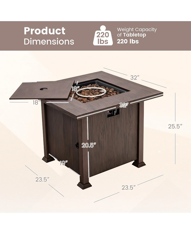32'' Patio Square Fire Pit Table 50,000 Btu Propane Gas Table