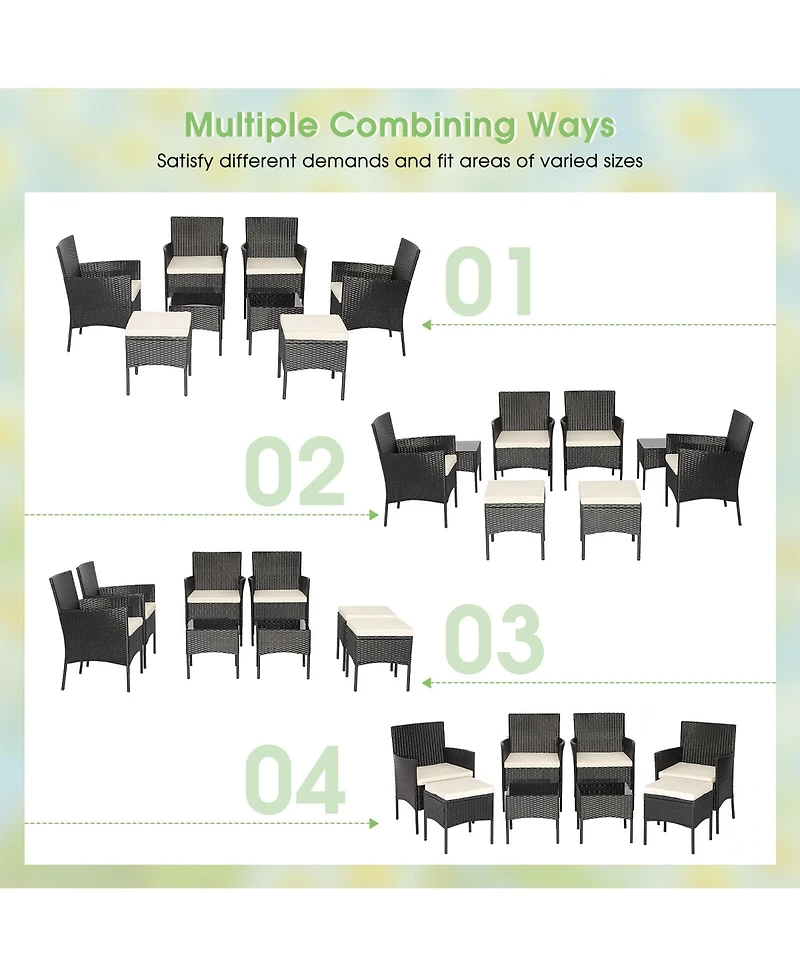 8PCS Patio Rattan Furniture Set Sofas Ottomans Cushioned Table Free Combination