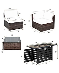 6PCS Patio Rattan Furniture Set 42'' Fire Pit Table Cover Sofa Cushion