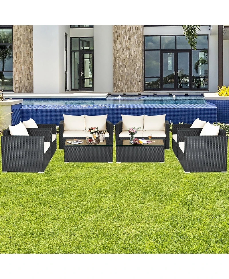 Costway 8PCS Patio Rattan Furniture Set Cushioned Sofa Chair Coffee Table Black