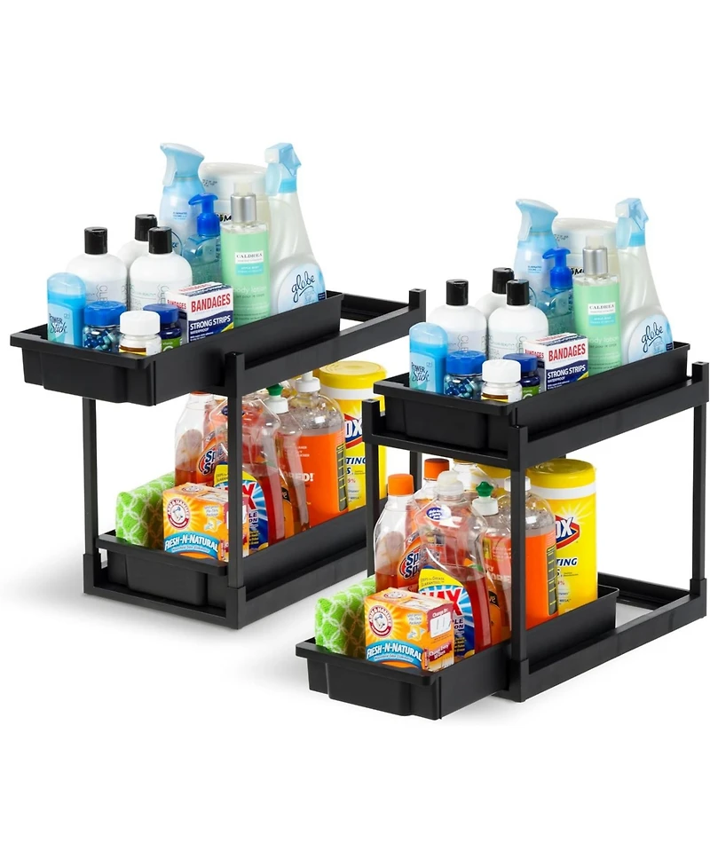 Iris Usa 2-Tier Under Sink Organizer, 2 Pack, Storage with Sliding Drawers - Versatile solution for Office, Kitchen or Bathroom - Black