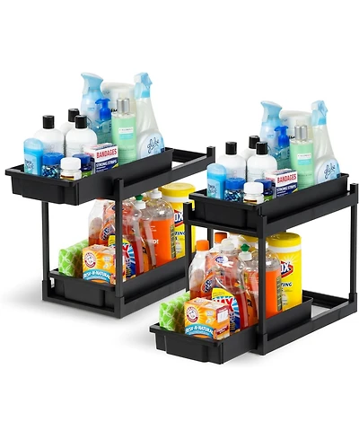 Iris Usa 2-Tier Under Sink Organizer, 2 Pack, Storage with Sliding Drawers - Versatile solution for Office, Kitchen or Bathroom - Black