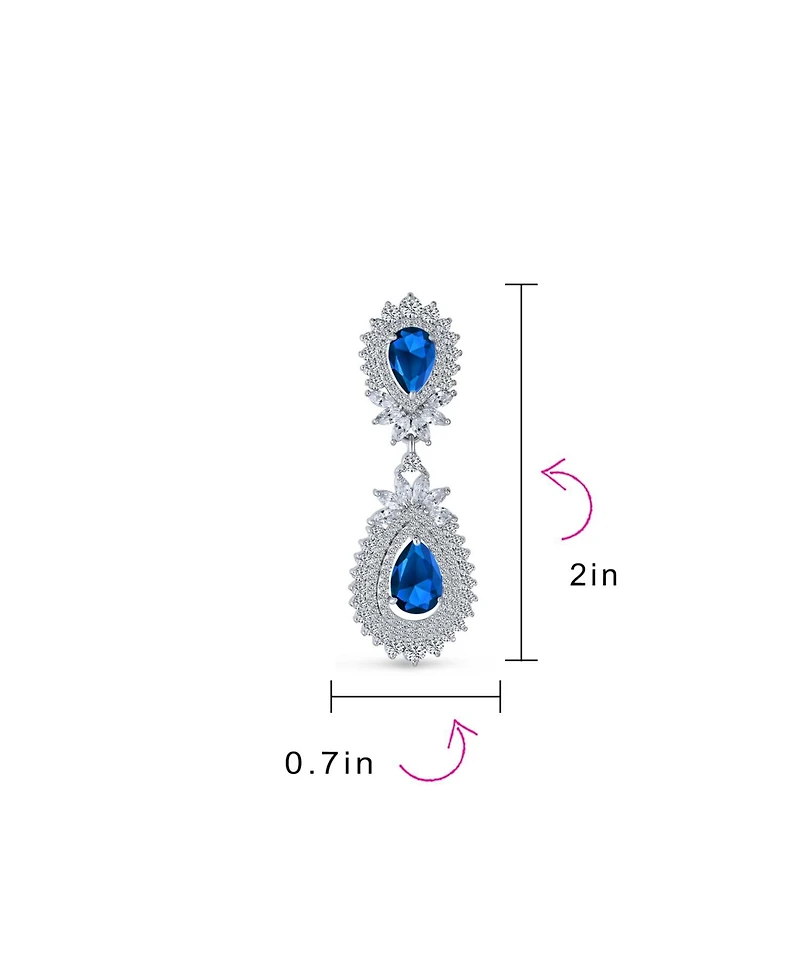 Bling Jewelry Fashion Art Deco Style Teardrop Shaped Halo Cubic Zirconia Clear Royal Blue Statement Elegant Chandelier Clip On Earrings Prom