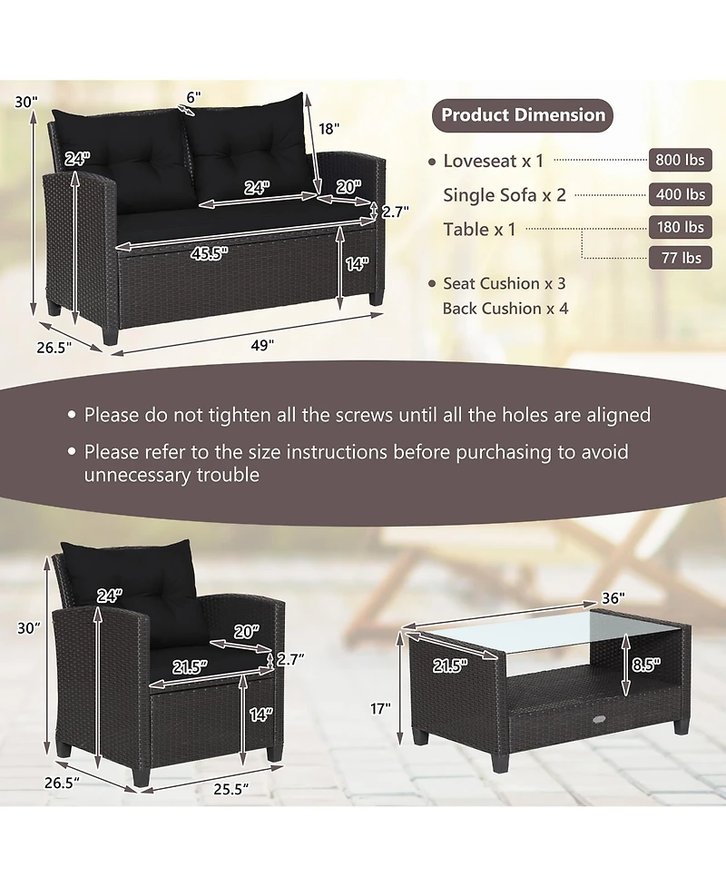 8 Pcs Patio Rattan Furniture Set Glass Table Shelf Sofa Cushion Black