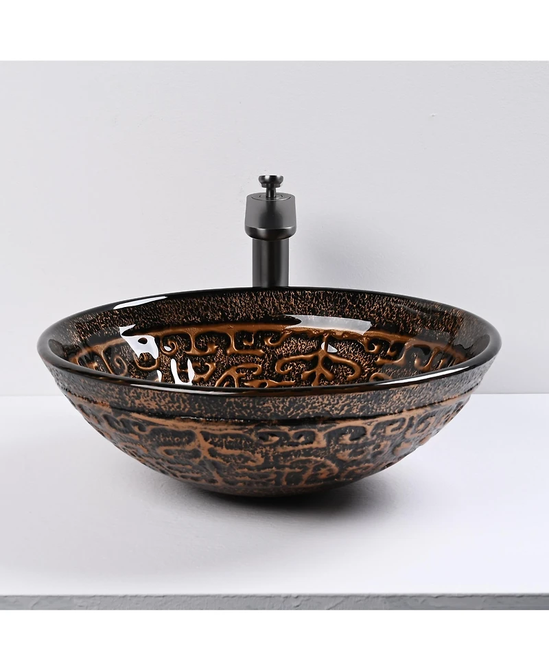 Aquaterior Round Tempered Glass Vessel Sink w/ Bathroom Single-Hole Faucet Drain