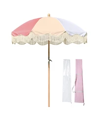 LAGarden 6Ft Fringe Patio Umbrella with Tassels & Carry Bag 50 / 60s Vintage Style Umbrella Wood Pink,Model: PS6-12