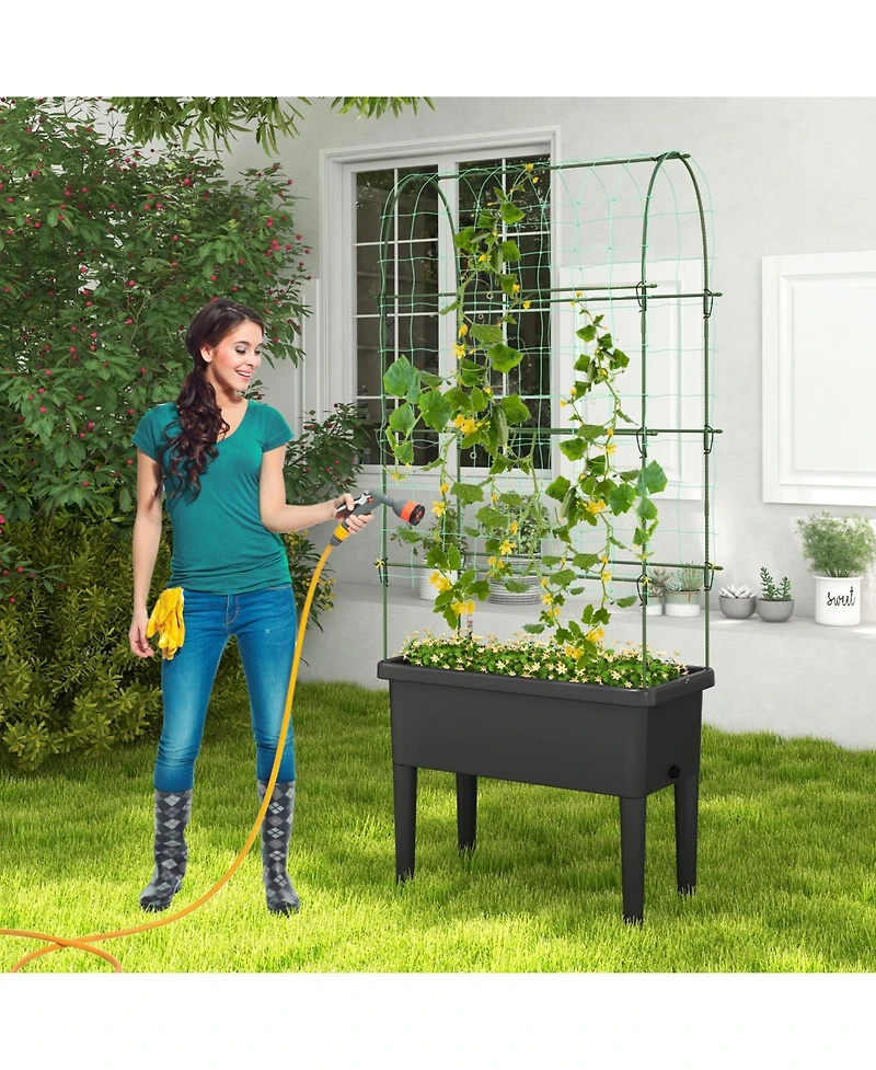 Slickblue Self-watering Raised Garden Bed Elevated Planter with Climbing Trellis-Black