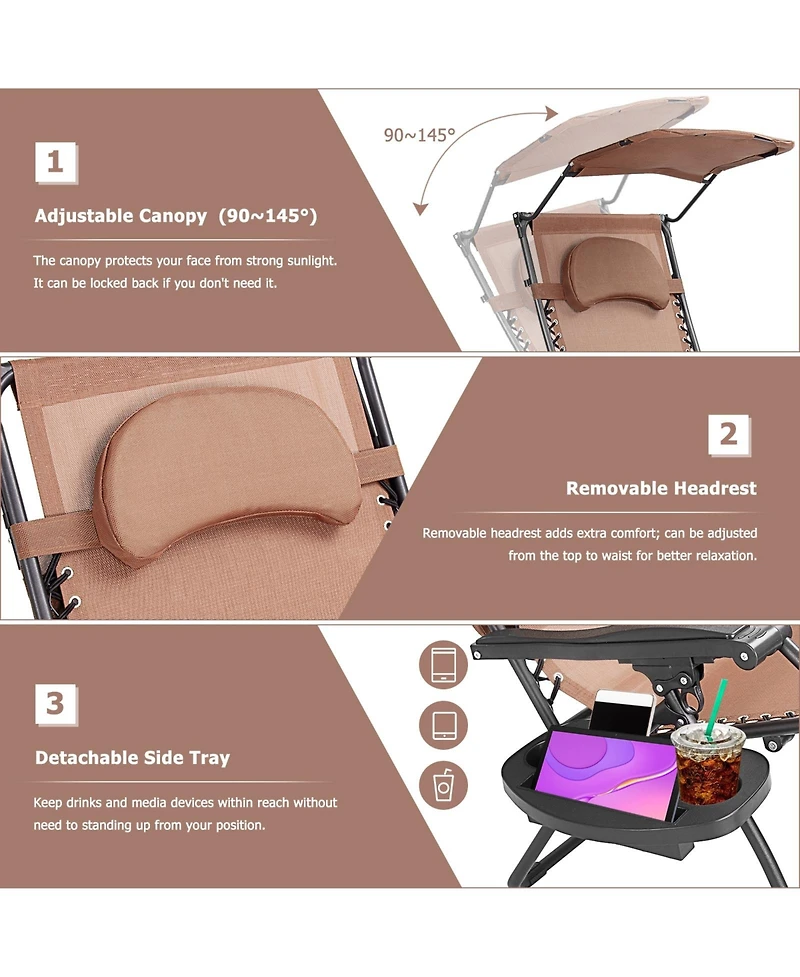 Slickblue Folding Recliner Lounge Chair with Shade Canopy Cup Holder