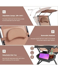 Slickblue Folding Recliner Lounge Chair with Shade Canopy Cup Holder