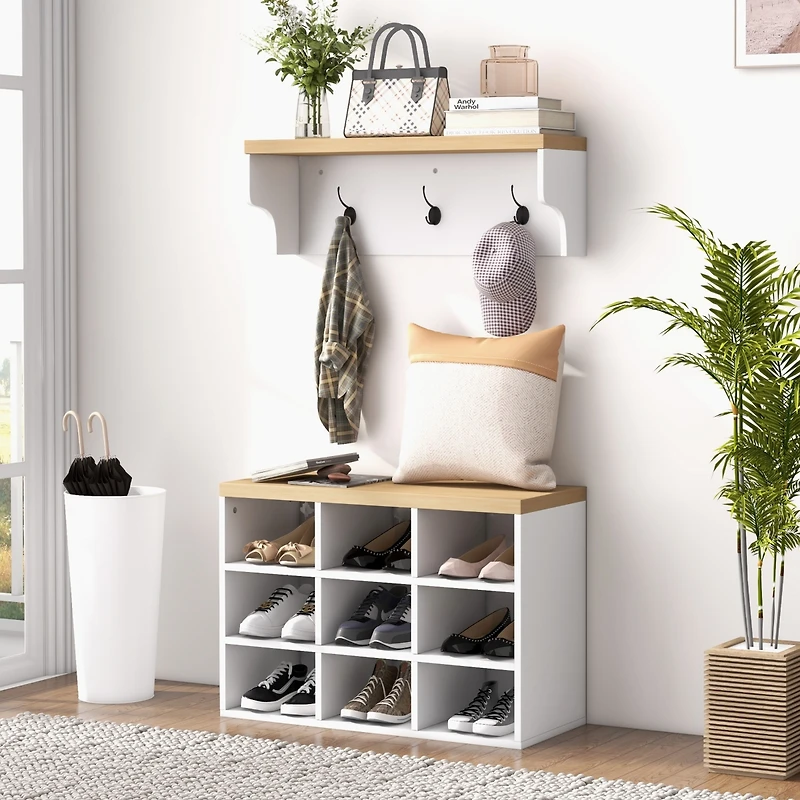 Modern White Coat Rack & Shoe Bench Set