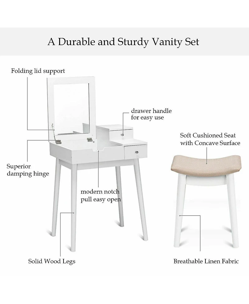 Sugift Vanity Dressing Table Set Flip Mirror Desk Furniture Stool