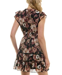 Trixxi Juniors' Printed Tiered-Ruffle Short-Sleeve Dress