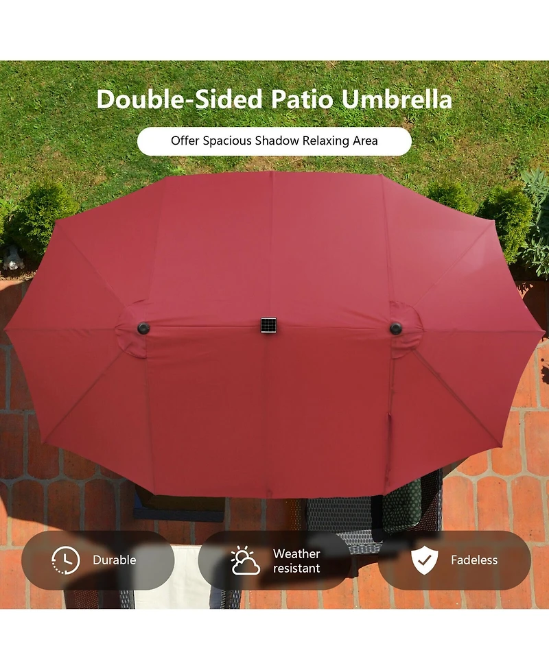 Gymax Outdoor 15' Double-Sided Patio Umbrella 48 Solar Led Lights Crank & Base Wine