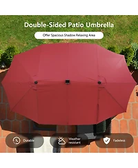 Gymax Outdoor 15' Double-Sided Patio Umbrella 48 Solar Led Lights Crank & Base Wine