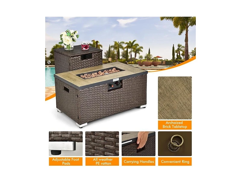 Slickblue 32 x 20 Inch Propane Rattan Fire Pit Table Set with Side Table Tank and Cover