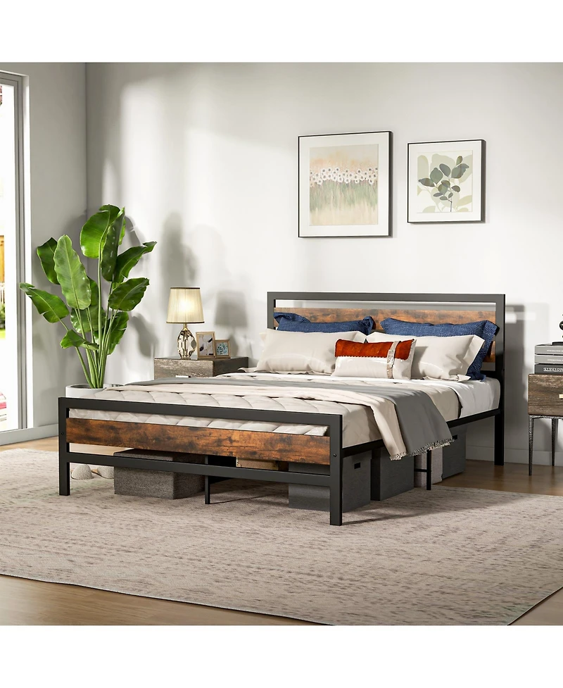 Queen Industrial Bed Frame with Rustic Headboard and Footboard-Queen Size
