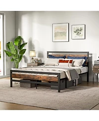 Queen Industrial Bed Frame with Rustic Headboard and Footboard-Queen Size