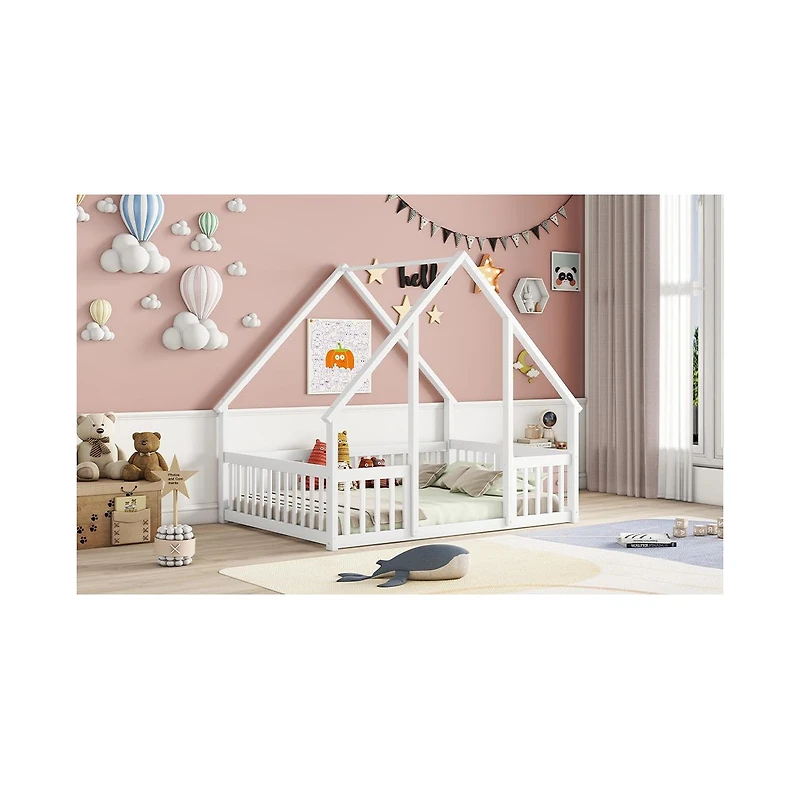 Simplie Fun Full Wood House-Shaped Floor Bed with Fence, Guardrails, White