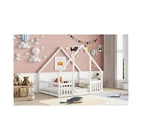 Simplie Fun Full Wood House-Shaped Floor Bed with Fence, Guardrails, White