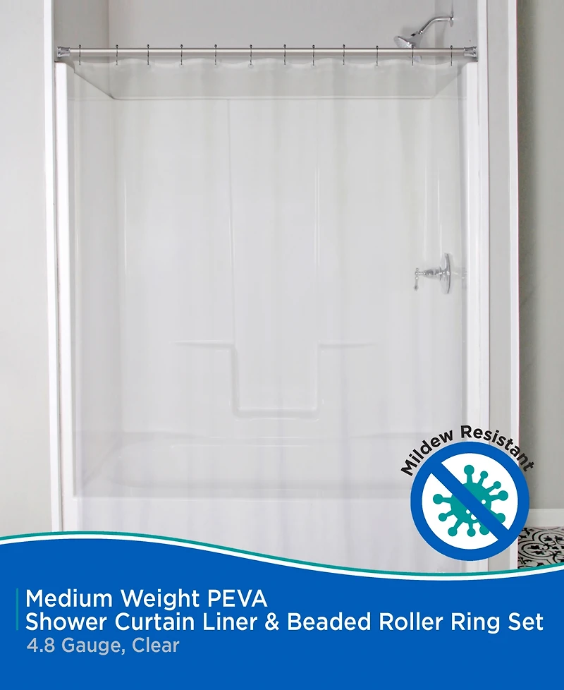 Kenney Medium Weight Peva Shower Curtain Liner and Beaded Roller Ring Set