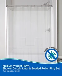 Kenney Medium Weight Peva Shower Curtain Liner and Beaded Roller Ring Set