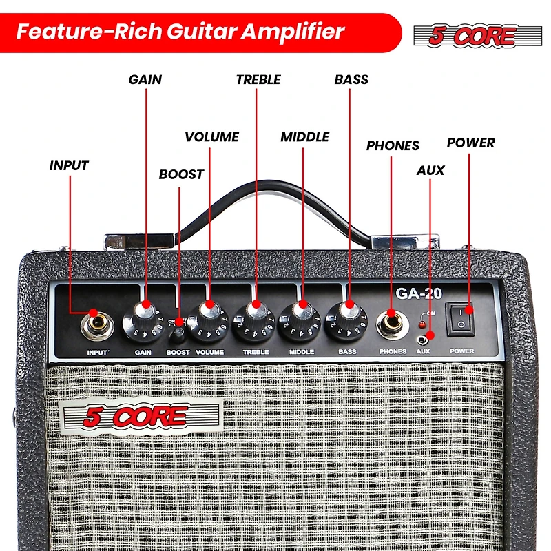 5 Core Guitar Amp 20W Amplifier for Electric Bass Acoustic Practice Amps Small Portable Mini Amplificador para Bajo with Built in Effects