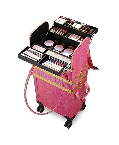 Byootique Red Gold Makeup Train Case Lockable Rolling Cosmetic Trolley Storage