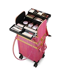 Byootique Red Gold Makeup Train Case Lockable Rolling Cosmetic Trolley Storage