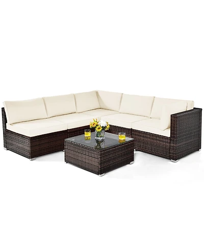 6PCS Patio Rattan Furniture Set Cushioned Sofa Coffee Table Garden