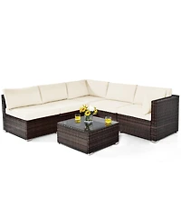 6PCS Patio Rattan Furniture Set Cushioned Sofa Coffee Table Garden