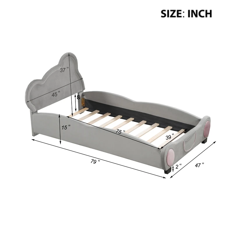 Streamdale Beige Velvet Twin Platform Bed with Bear Headboard and Pocket