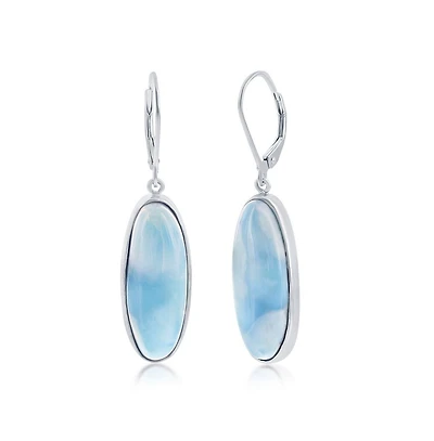 Caribbean Treasures Sterling Silver Bezel-Set Oval Larimar Dangling Leverback Earrings