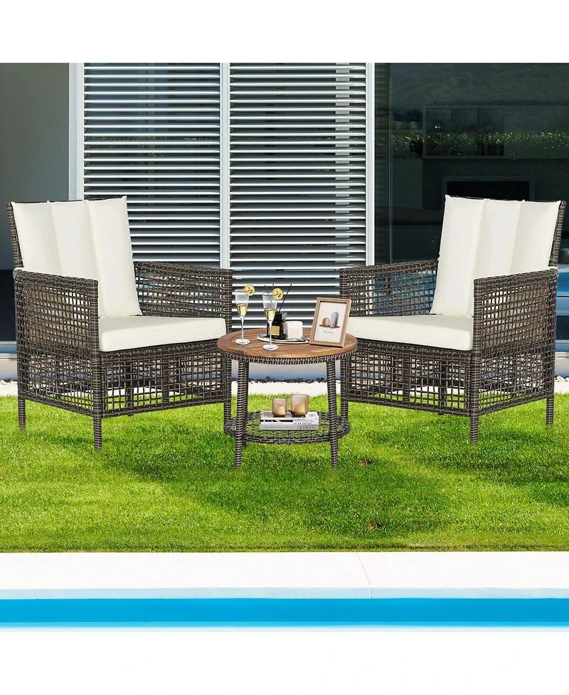 Slickblue 3 Pieces Patio Rattan Furniture Set with Cushioned Sofas and Wood Table Top-White