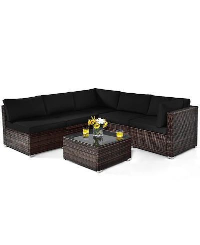 6PCS Patio Rattan Furniture Set Cushioned Sofa Coffee Table Garden