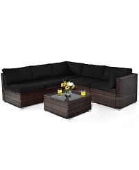 6PCS Patio Rattan Furniture Set Cushioned Sofa Coffee Table Garden