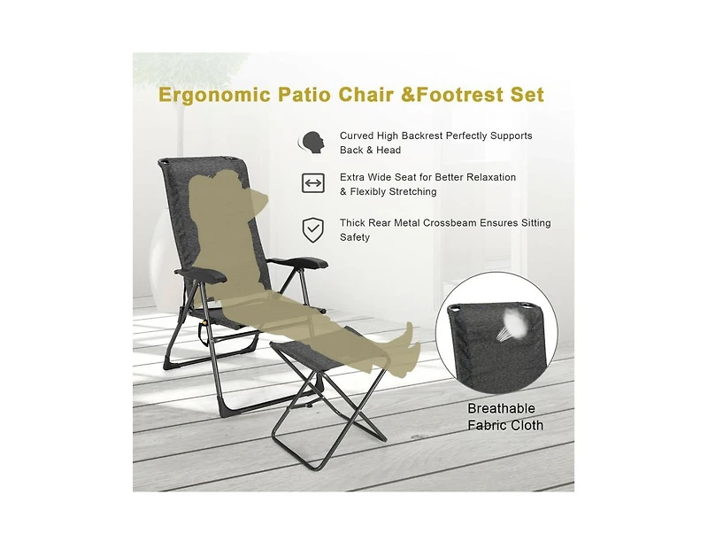 Slickblue 4 Pieces Patio Adjustable Back Folding Dining Chair Ottoman Set