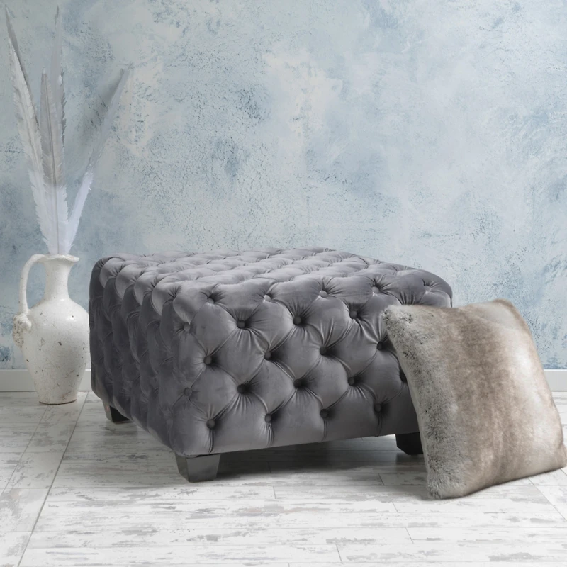 Modern Velvet Glam Ottoman with Diamond Stitching