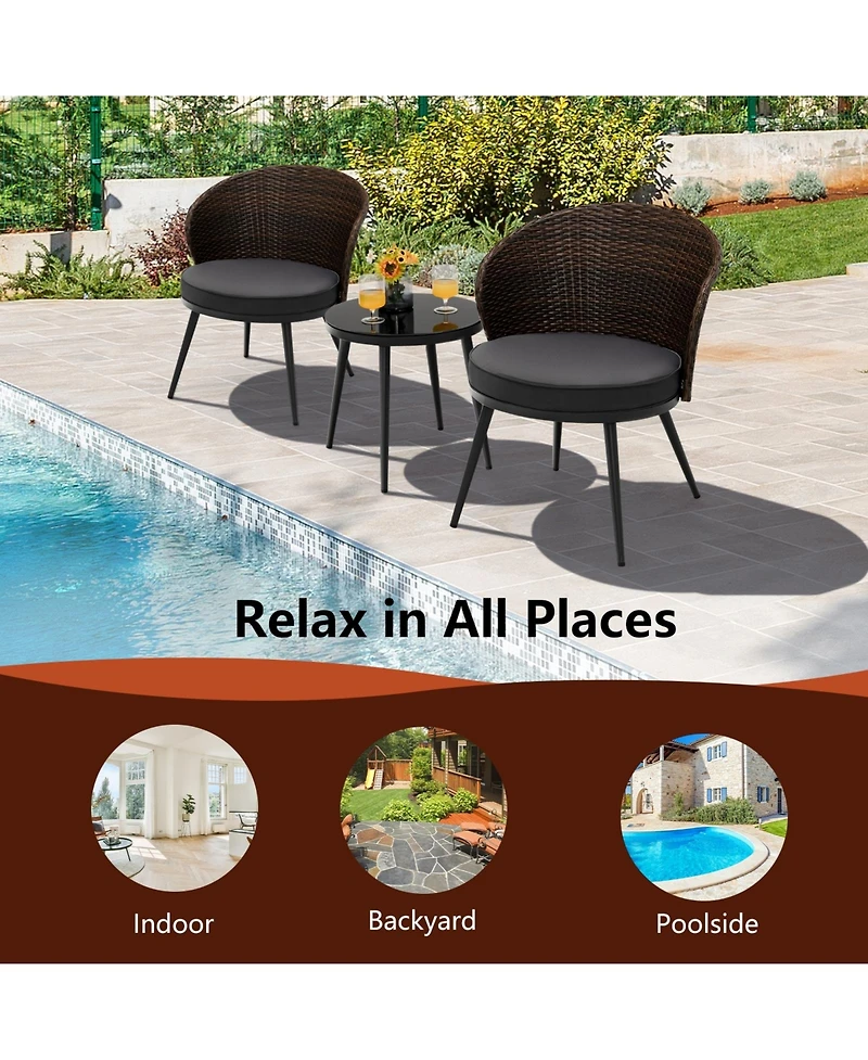 Slickblue 3 Pieces Patio Rattan Bistro Set with 2 Seat Cushions and Tempered Glass Tabletop-Brown