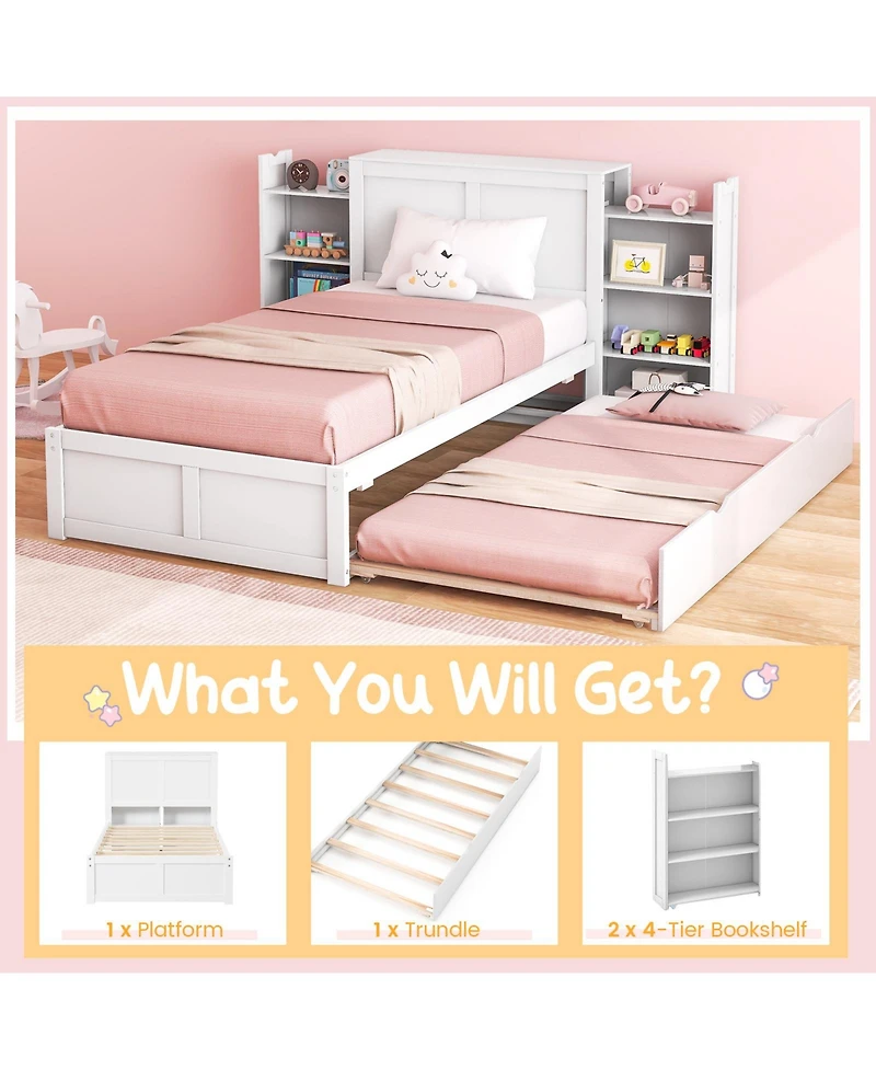 Twin Kids Wooden Platform Bed with Trundle Storage Headboard-Twin Size
